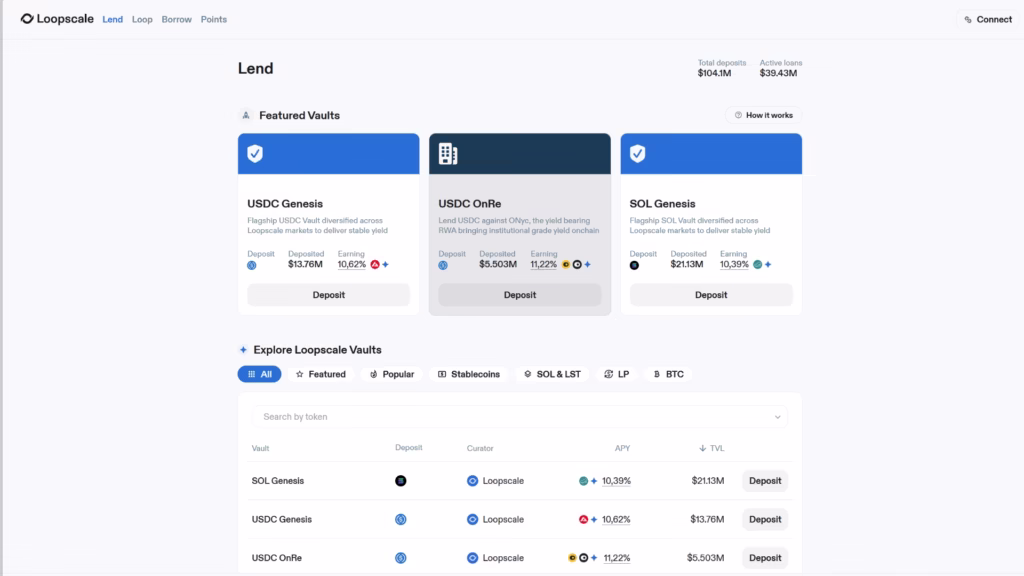 Loopscale "Lend" section where you can explore some vaults and related APY